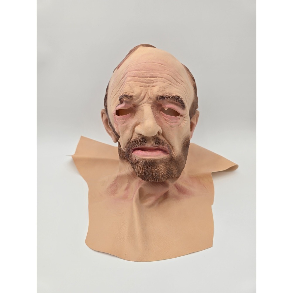 Full Head Mask Old Man Brown Hair Beard Wrinkles Bald Creepy Halloween